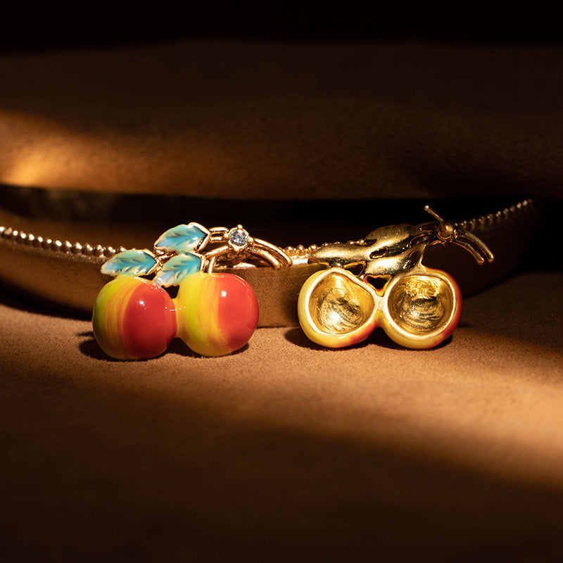 Enamel Branch of Apples 18K Gold Plated Stud Earrings