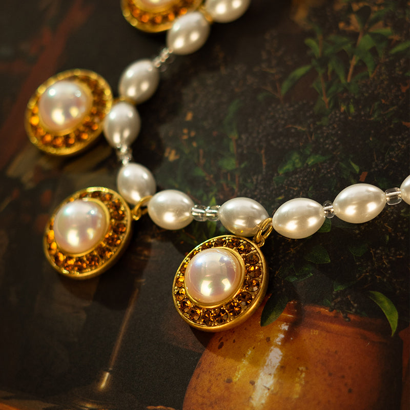 1970s Vibe Swarovski Pearl with Zircon 18K Gold Plated Necklace