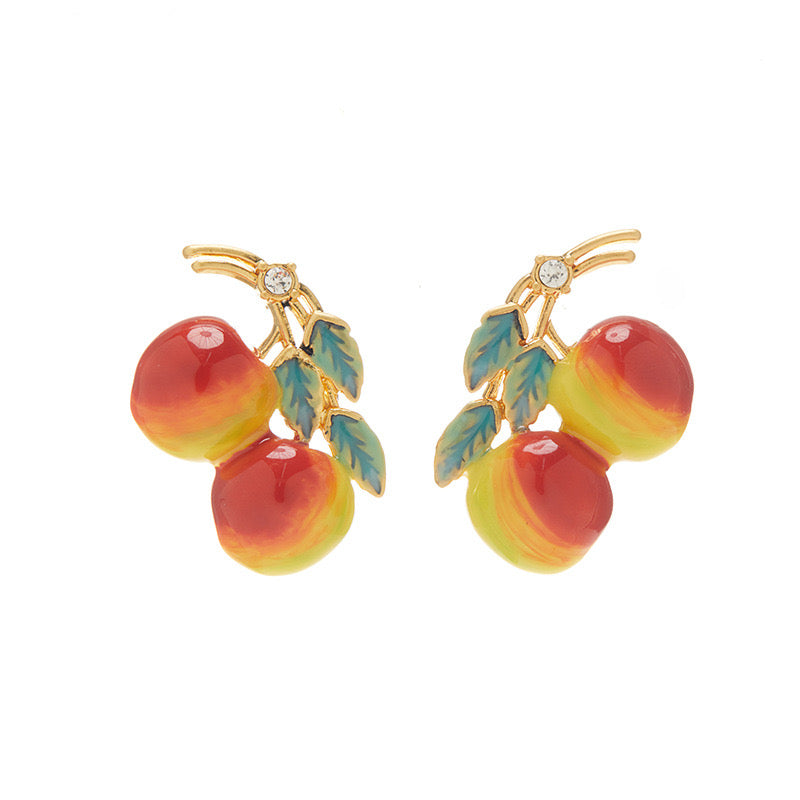 Enamel Branch of Apples 18K Gold Plated Stud Earrings