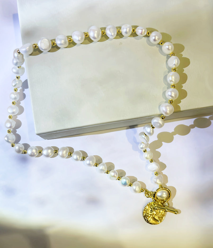 Fresh Water Pearl with Roma Coin 18K Gold Plated Necklace