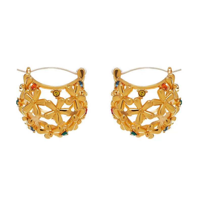 Zircon Gem with 18K Gold Plated Hollowed Flower Hoop Earrings