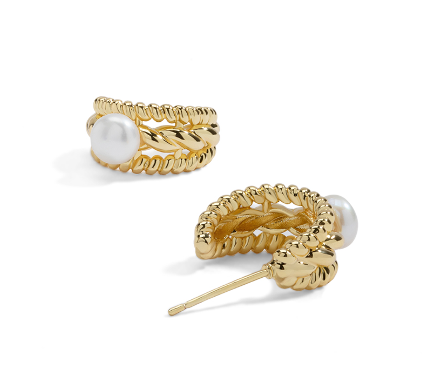 Gold Braids with Fresh Water Pearl Stud Earrings