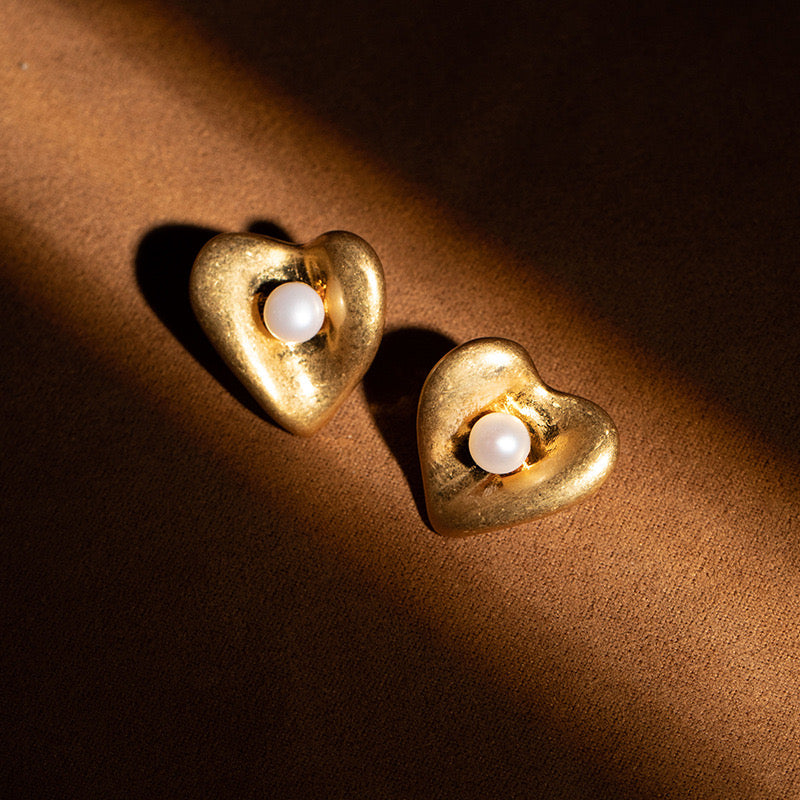 Gold Heart with Fresh Water Pearl Stud Earrings