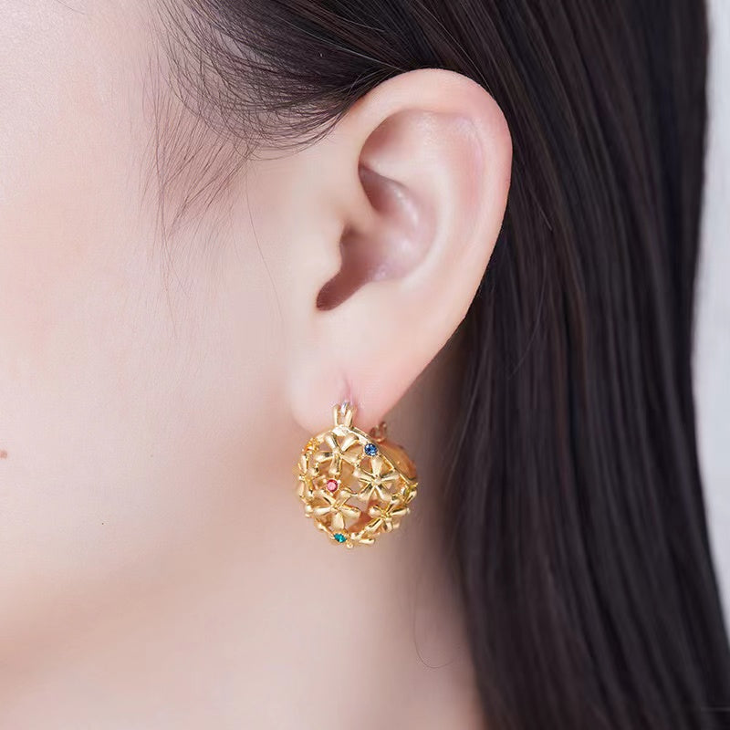 Zircon Gem with 18K Gold Plated Hollowed Flower Hoop Earrings