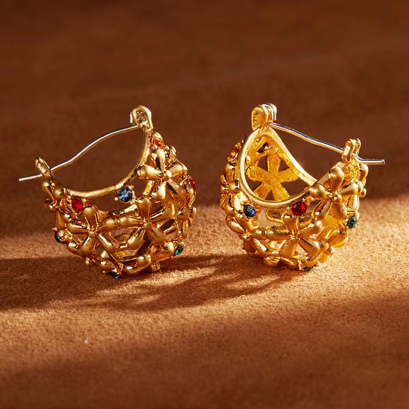 Zircon Gem with 18K Gold Plated Hollowed Flower Hoop Earrings