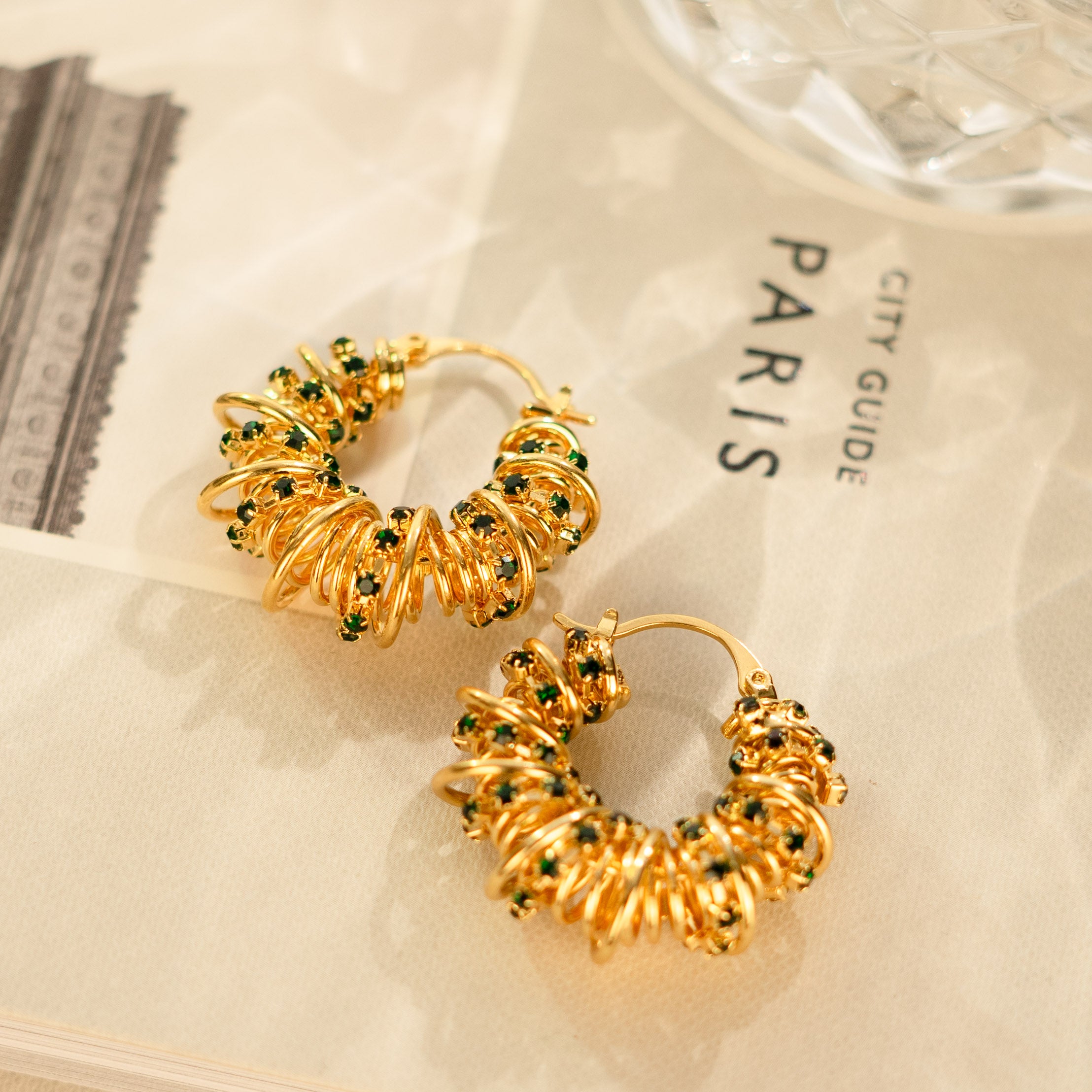 Emerald Color Zircon with Wired Gold Hoop Earrings