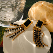 Glamorous Black Zircon with Golden Tassel Earrings