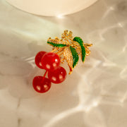 Zircon and Art Glass Hand Painted Enamel 18K Gold Plated Cherry Brooch