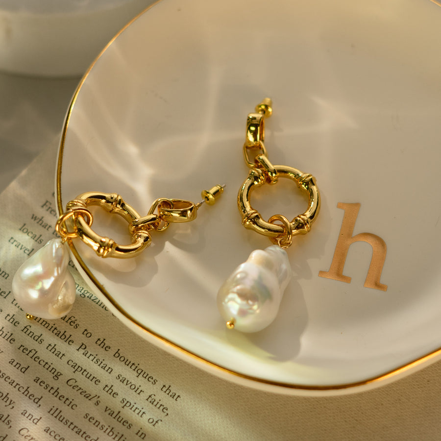 Large Baroque Fresh Water Pearl Gold Drop Earrings