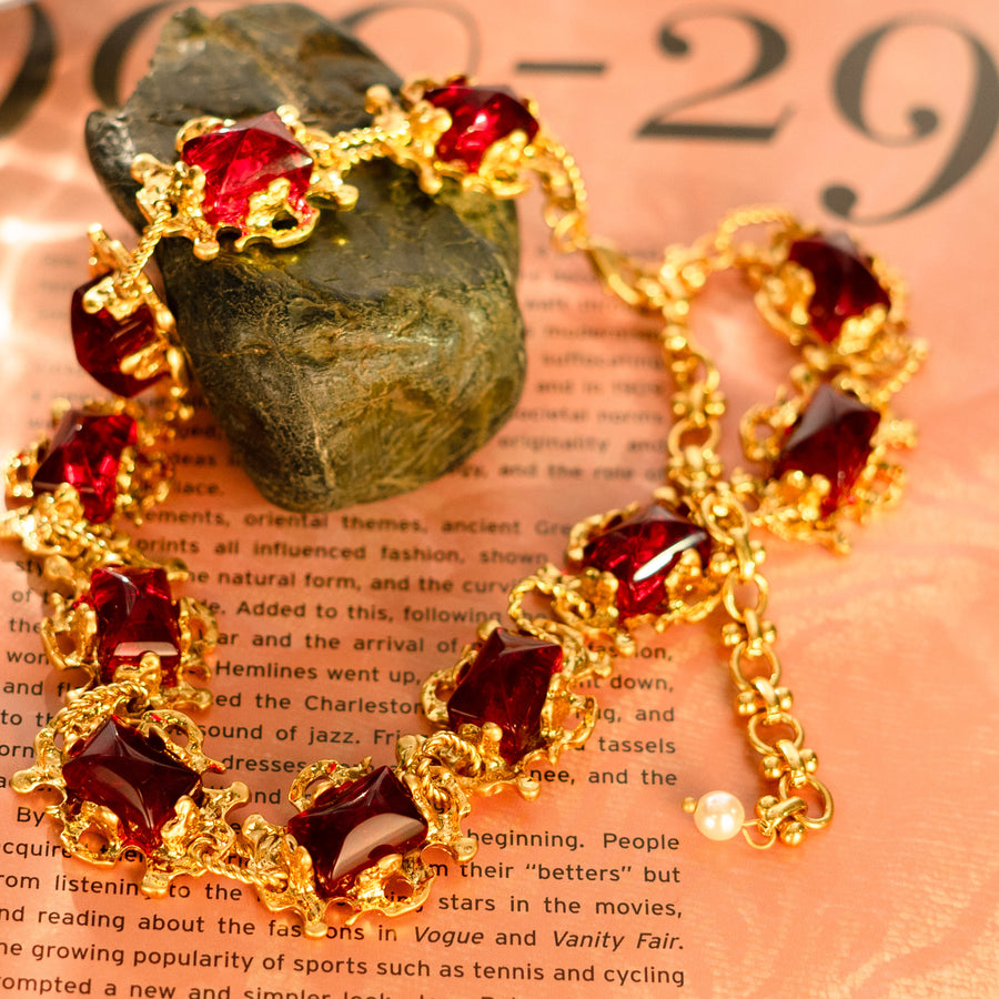 Art Glass Ruby 18K Gold Plated Necklace