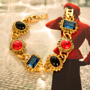 Art Glass Red Turquoise and Sapphire 18K Gold Plated Bracelet