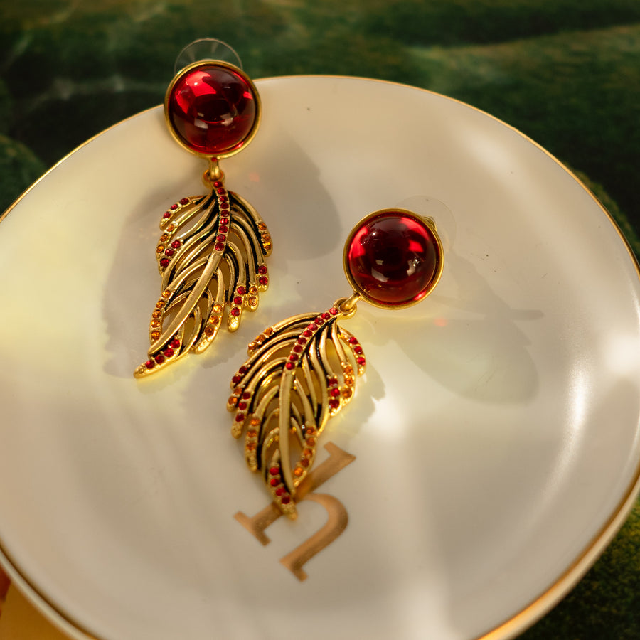 Art Glass Ruby with Zircon 18K Gold Plated Leaf Drop Earrings