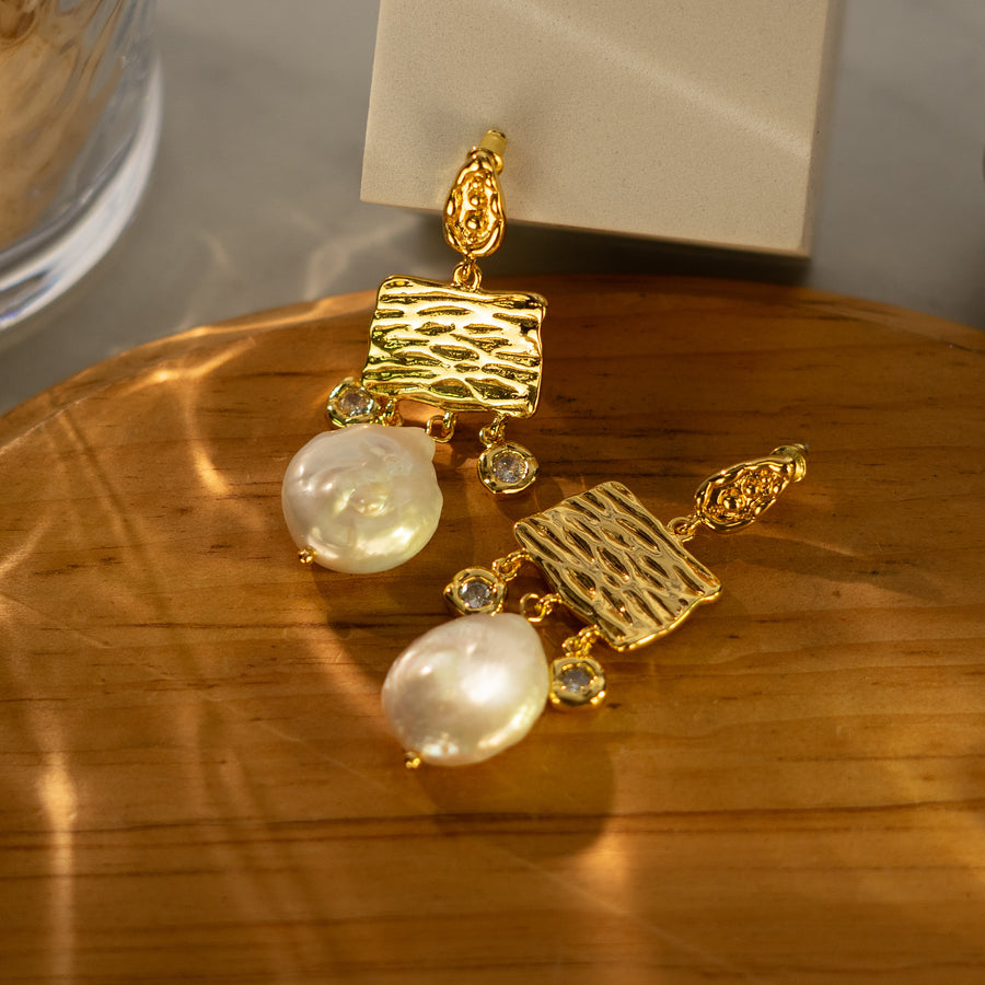 Baroque Fresh Water Pearl with Zircon 18K Gold Plated Drop Earrings