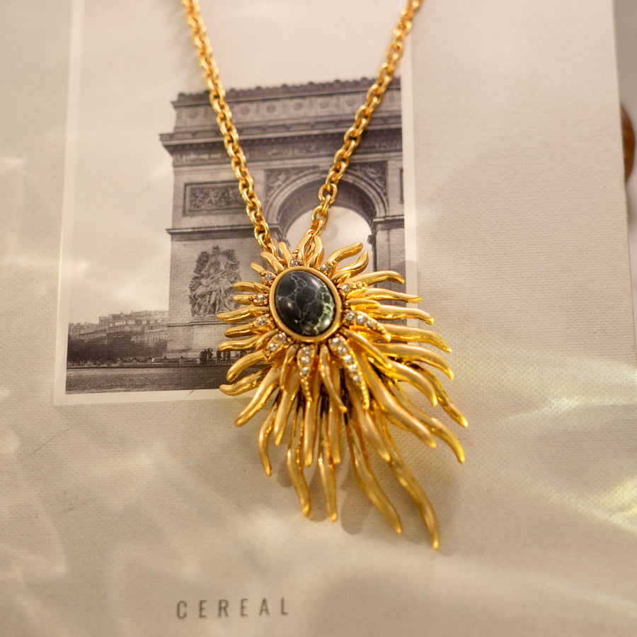 Black Turquoise with Zircon Sun Pendant 18K Gold Plated Necklace