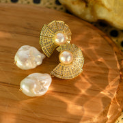 Sea Snail Shell Large Baroque Fresh Water Pearl Gold Drop Earrings