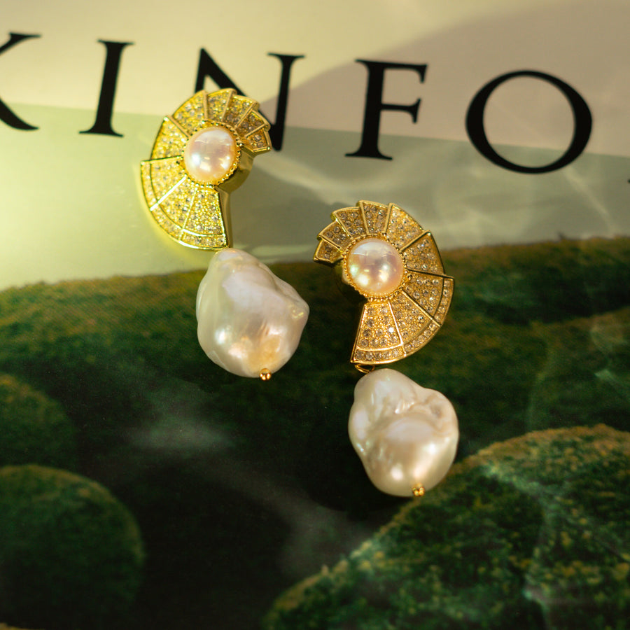 Sea Snail Shell Large Baroque Fresh Water Pearl Gold Drop Earrings