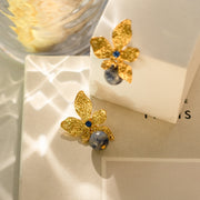 Lapis Lazuli with Textured 18K Gold Plated Flower Drop Earrings