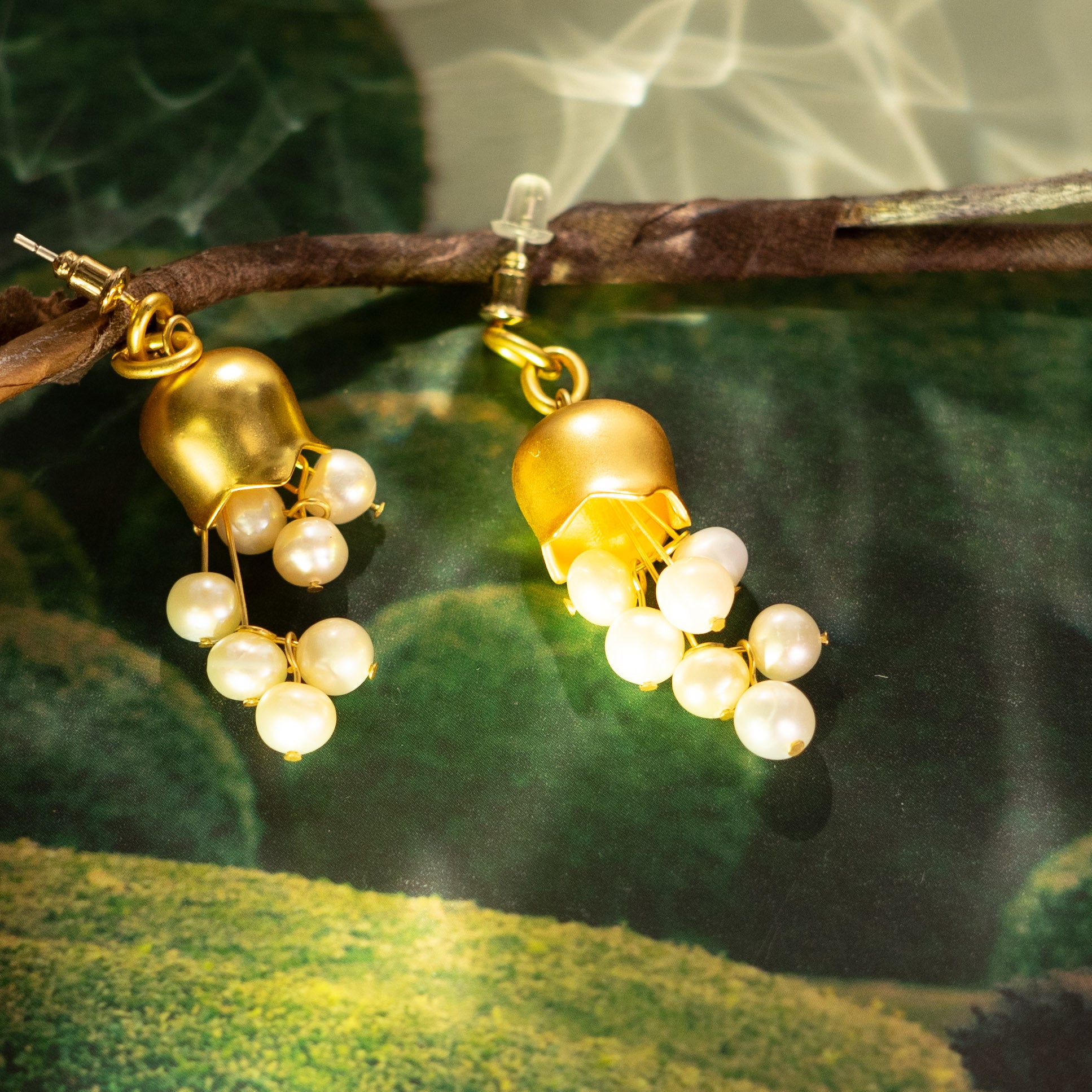 Lily of the Valley Gold with Fresh Water Pearl Drop Earrings