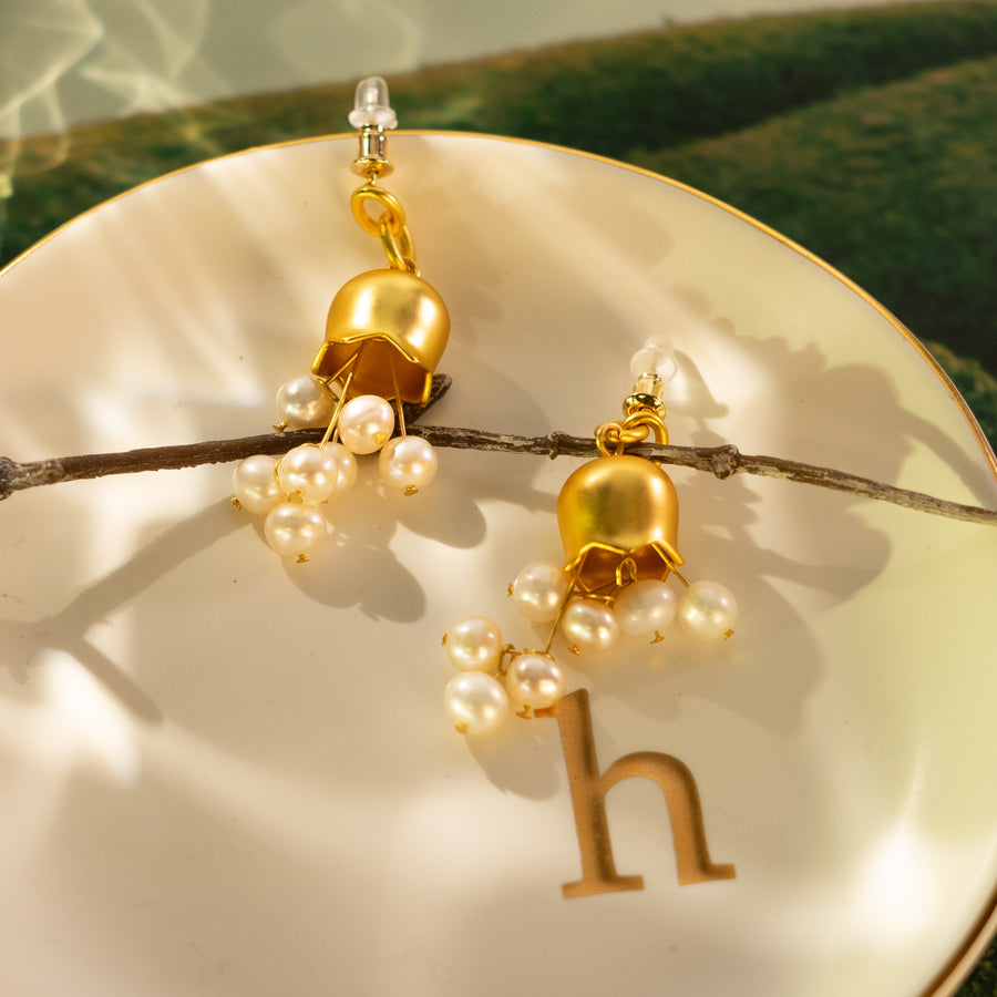 Lily of the Valley Gold with Fresh Water Pearl Drop Earrings