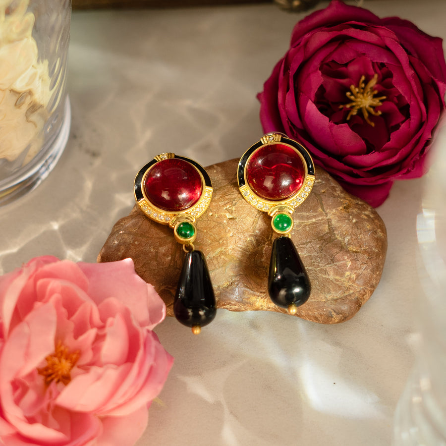 Art Glass Ruby with Zircon 18K Gold Plated Water Drop Earrings