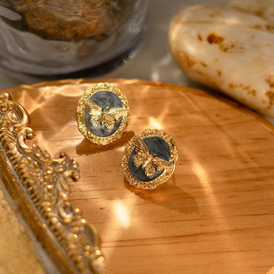 Framed Butterly Resin and Gold Stud Earrings