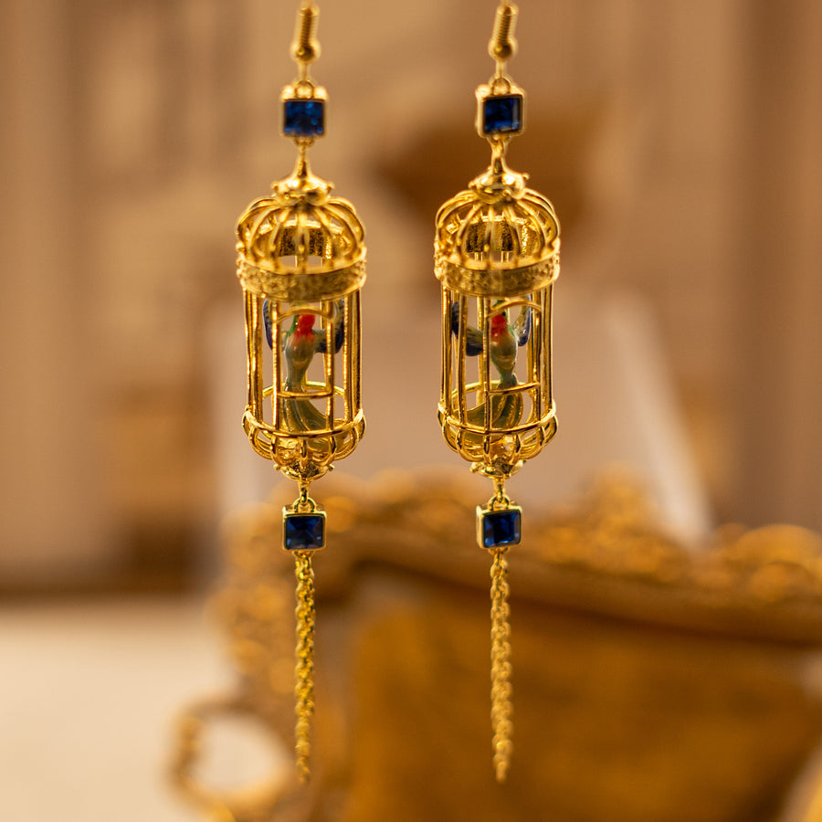 Enamel Bird in a Cage 18K Gold Plated Drop Earrings