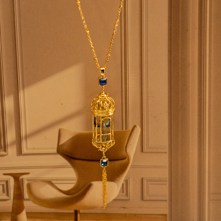 Enamel Bird in a Cage 18K Gold Plated Necklace