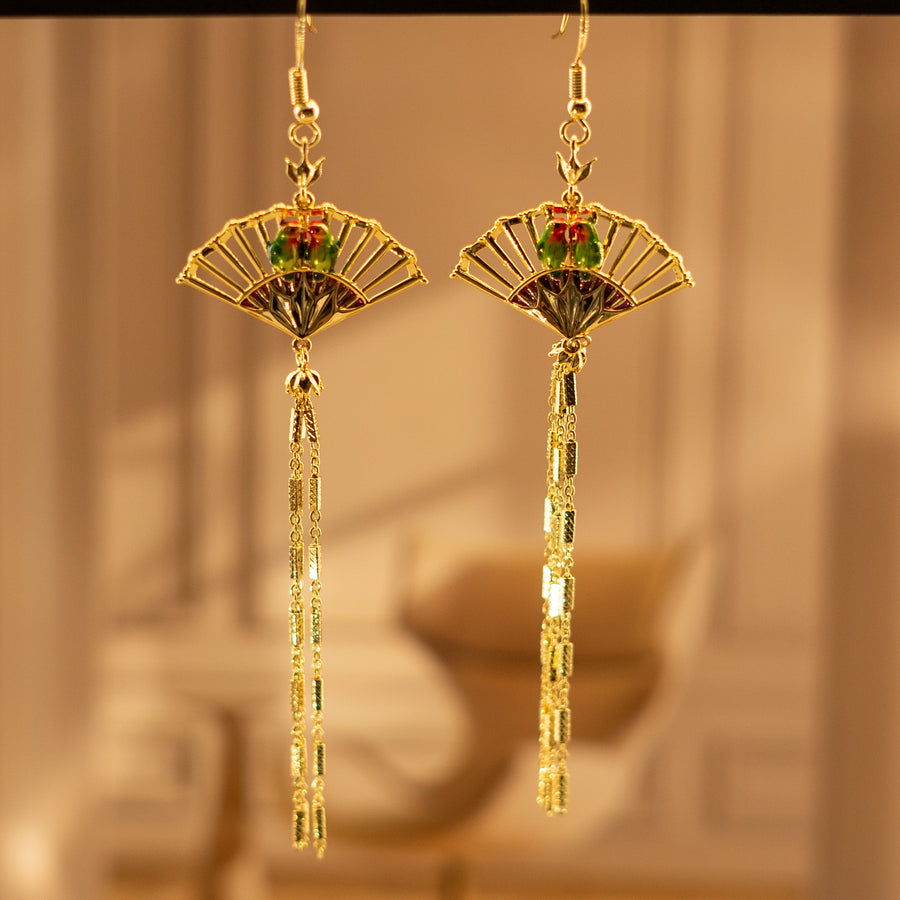 Enamel Birds on a Fan 18K Gold Plated Drop Earrings