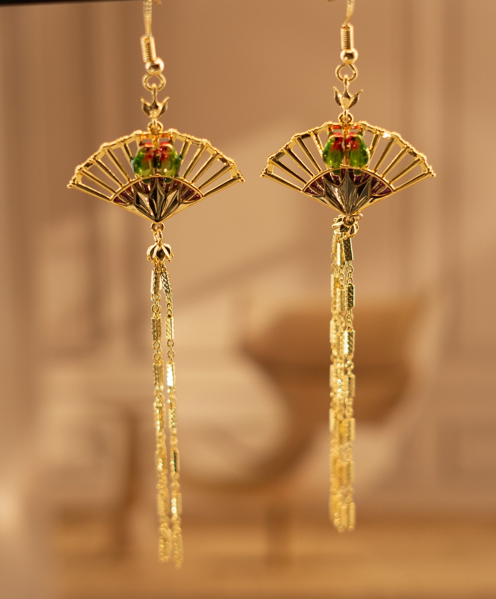 Enamel Birds on a Fan 18K Gold Plated Drop Earrings