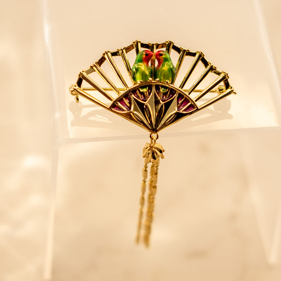 Enamel Birds on a Fan 18K Gold Plated Brooch