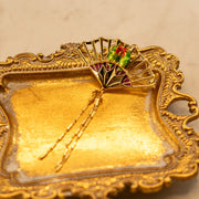 Enamel Birds on a Fan 18K Gold Plated Brooch