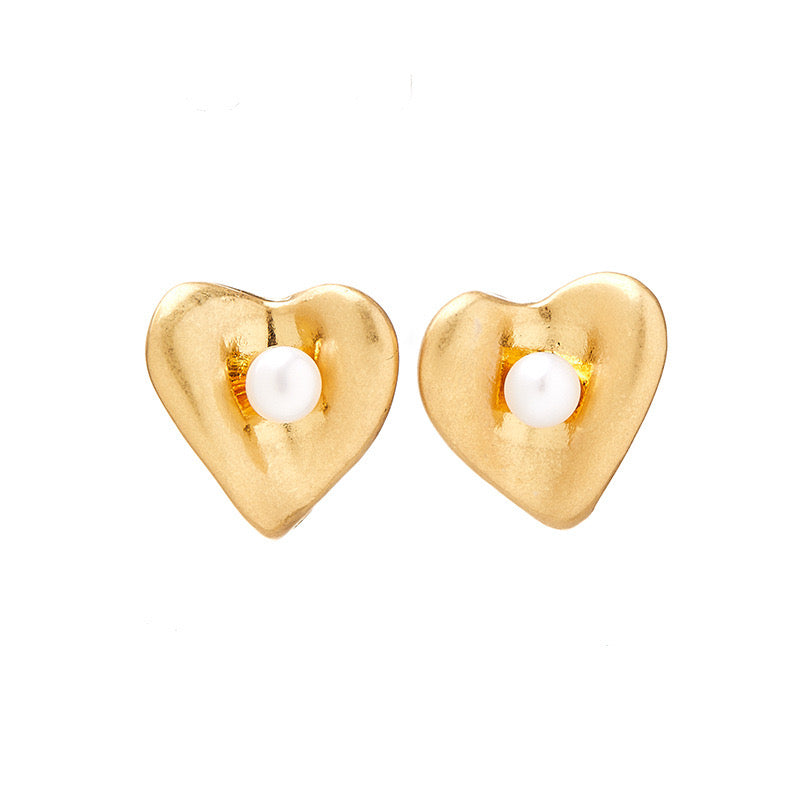 Gold Heart with Fresh Water Pearl Stud Earrings