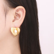 Gold Heart with Fresh Water Pearl Stud Earrings