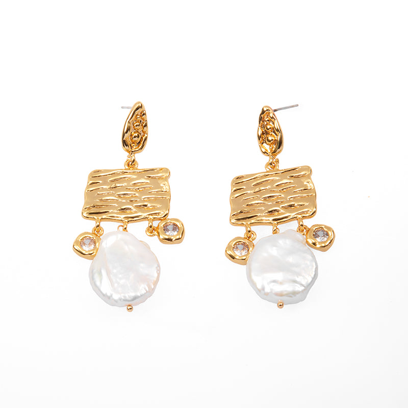 Baroque Fresh Water Pearl with Zircon 18K Gold Plated Drop Earrings