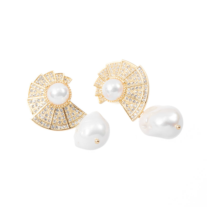 Sea Snail Shell Large Baroque Fresh Water Pearl Gold Drop Earrings
