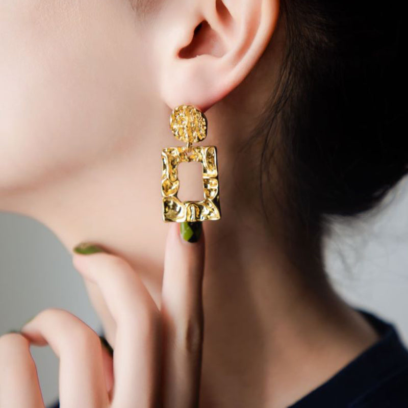 Textured 18K Gold Plated Frame Drop Earrings