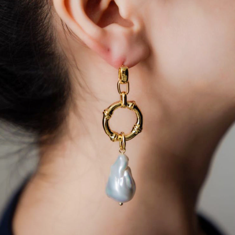 Large Baroque Fresh Water Pearl Gold Drop Earrings