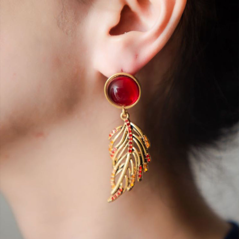 Art Glass Ruby with Zircon 18K Gold Plated Leaf Drop Earrings