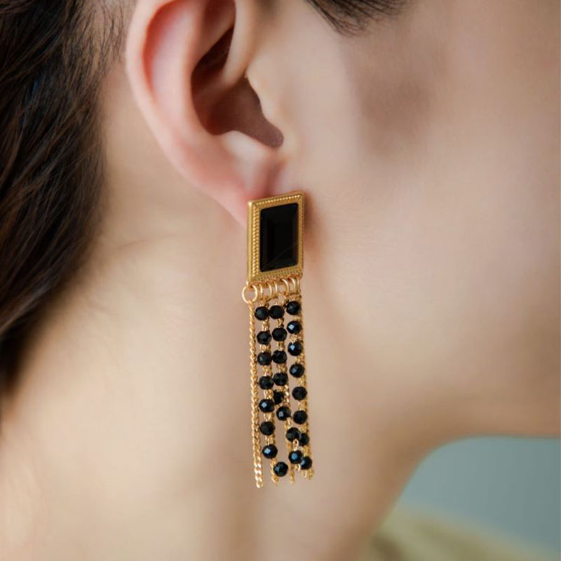 Glamorous Black Zircon with Golden Tassel Earrings