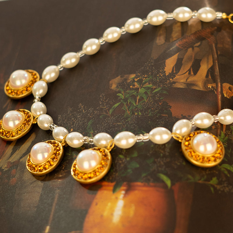 1970s Vibe Swarovski Pearl with Zircon 18K Gold Plated Necklace