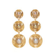 Grey Pearls on Hand Engraved 18K Gold Plated Drop Earrings