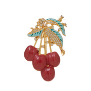 Zircon and Art Glass Hand Painted Enamel 18K Gold Plated Cherry Brooch